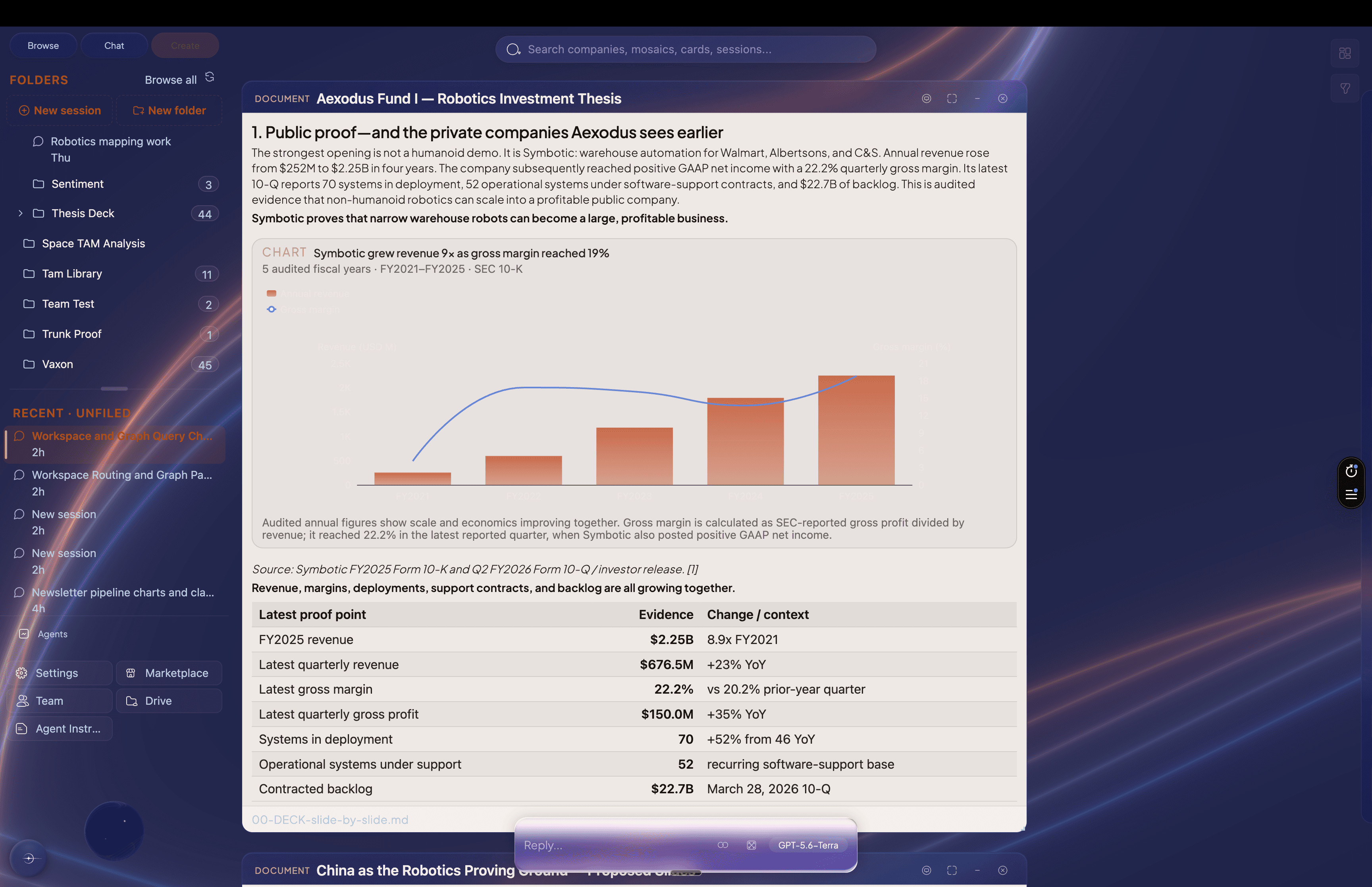 An Endless-themed enex workspace with a sourced public-company analysis, chart, evidence table, and companion chat