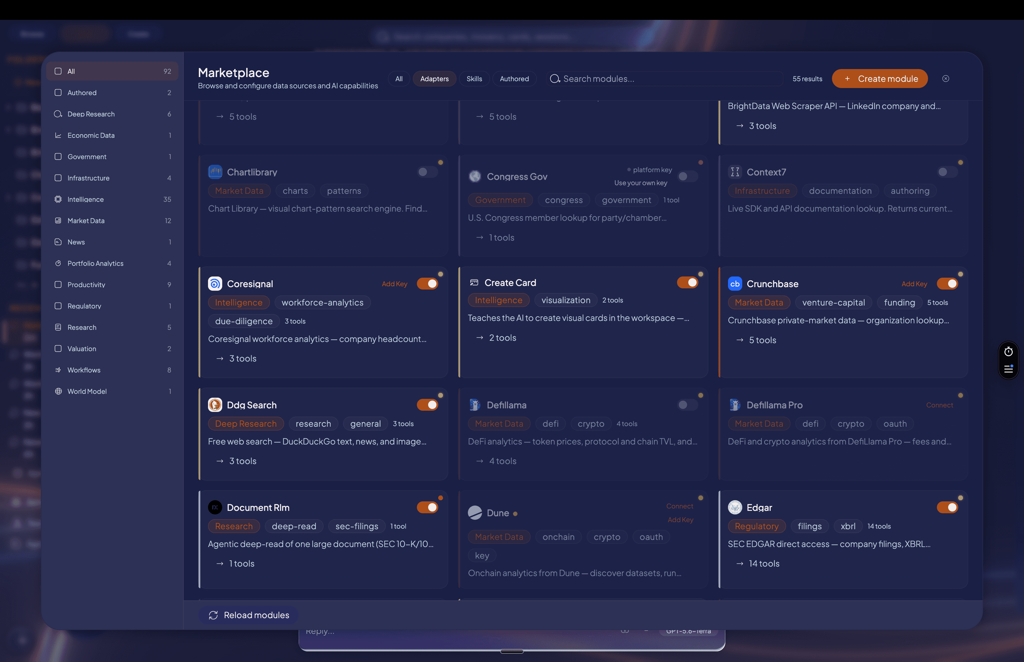 The Endless-themed module catalog with capability filters and connection controls