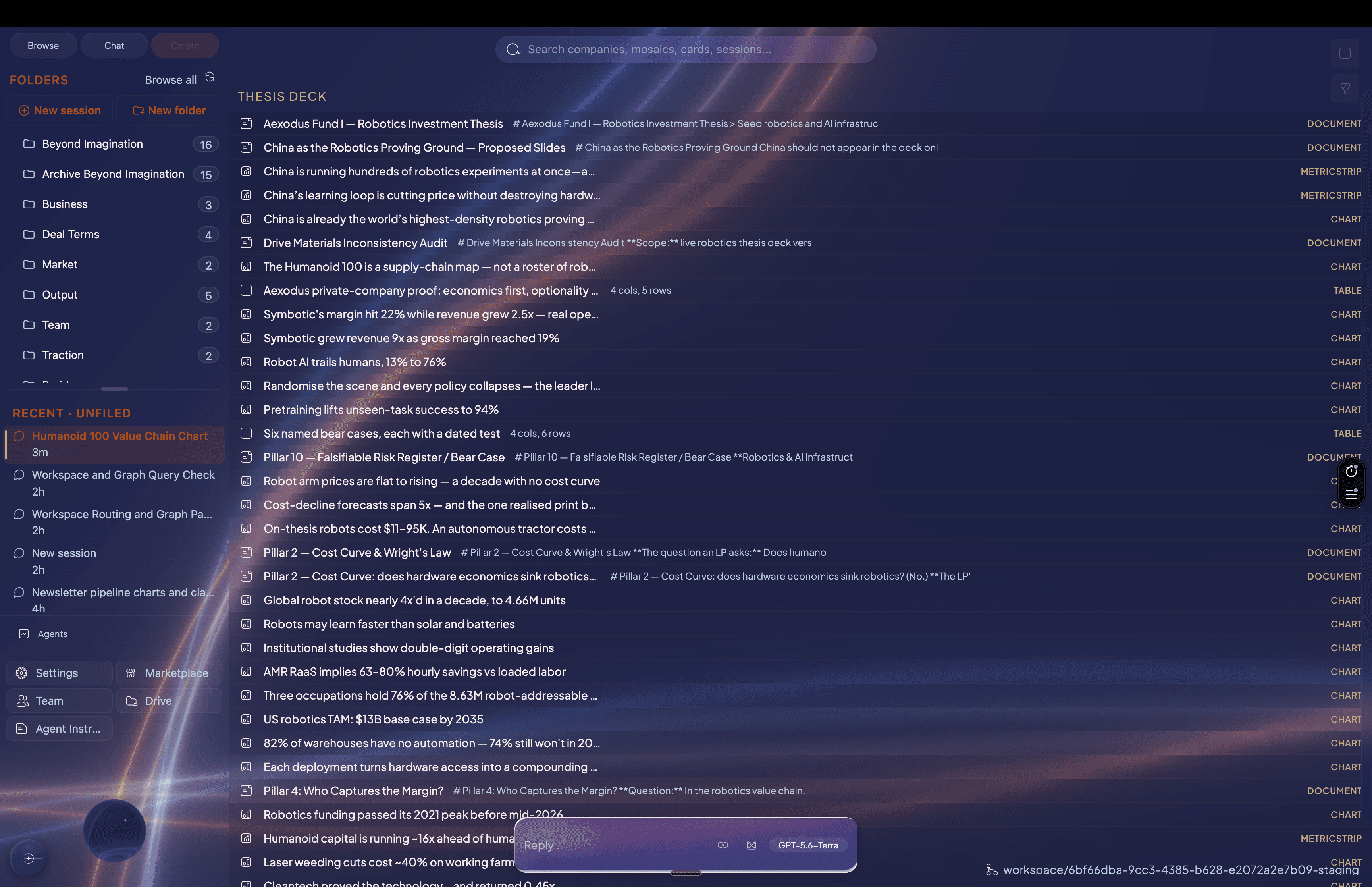 An Endless-themed workspace index containing documents, charts, tables, and agent-produced artifacts